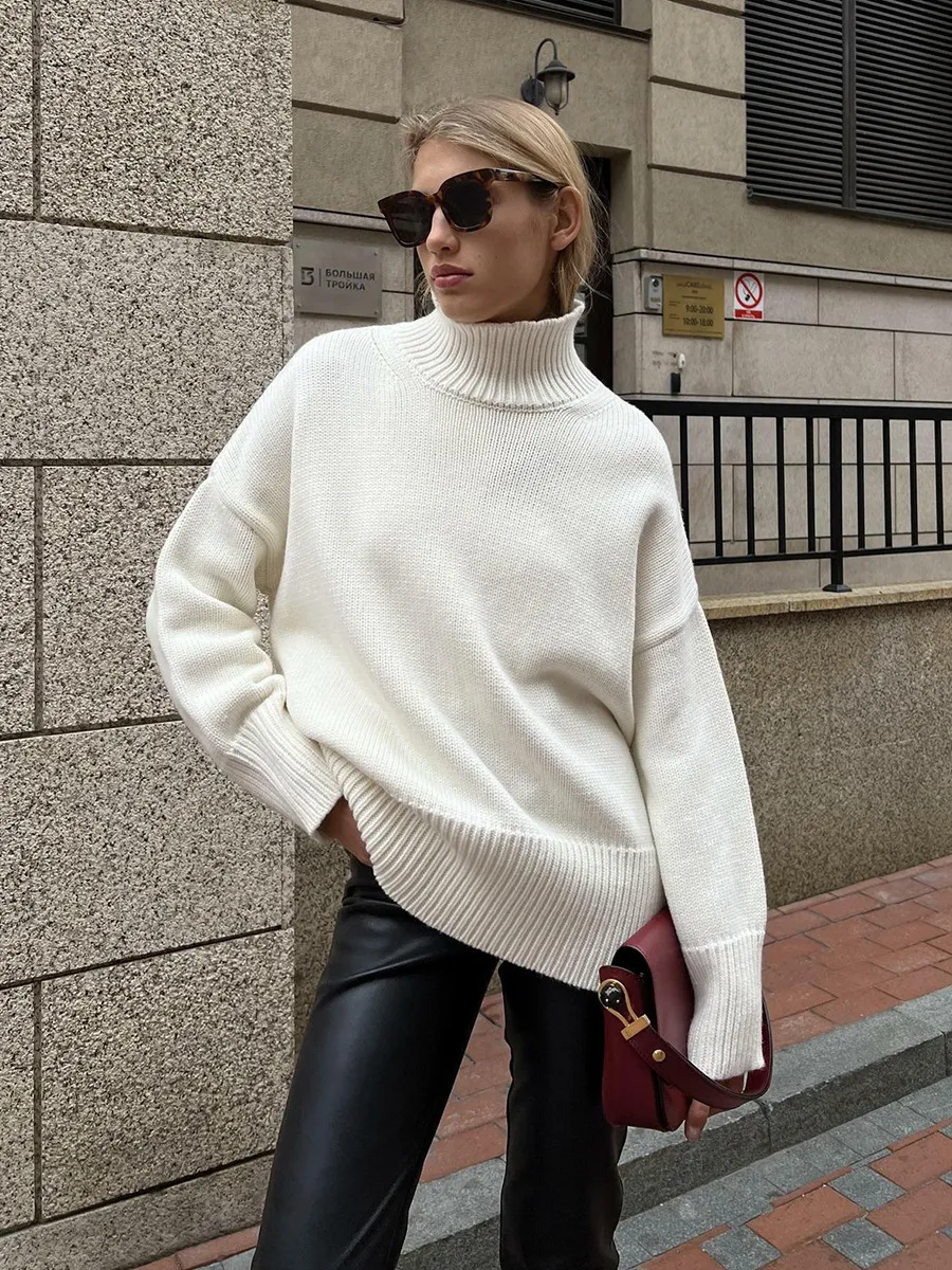 Half Turtleneck Commuter Solid Color Knitted Pullover Sweater - White