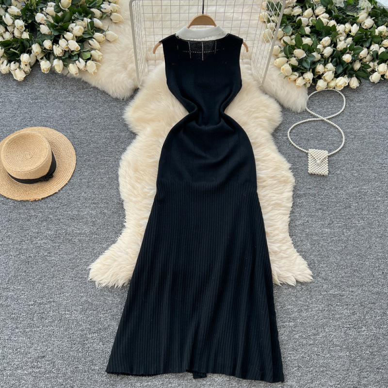 Waist Slimming Temperament Mid-length Sleeveless Knitted Dress