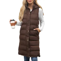 Ladies Hooded Sleeveless Zipper Cotton Padded Thickened - Brown - View 1
