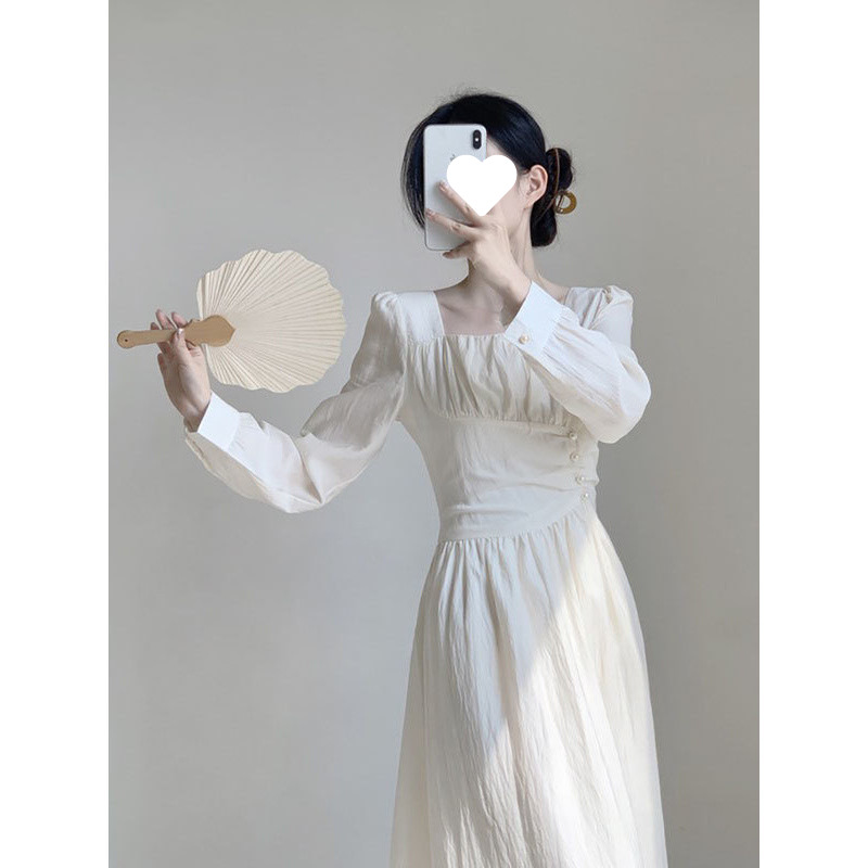 Romantic French Gentle Dress Square Collar Puff Sleeve