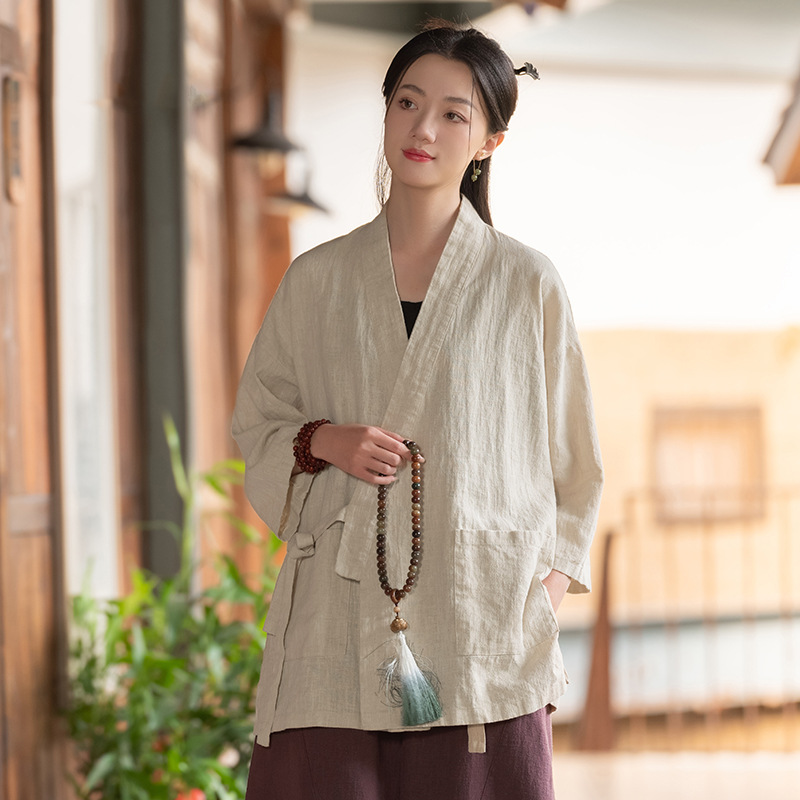 Vintage Mandarin-collar Cross-front Top Womens Cardigan-style Jacket