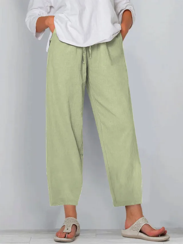 Elastic Waist Solid Color Cotton And Linen Wide Leg Casual Trousers Green - Shop at LoveMi
