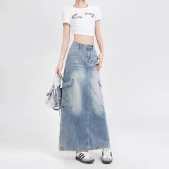Women's A- Line Denim Skirt Fashion Wash Long Skirt - Retro Blue - View 1