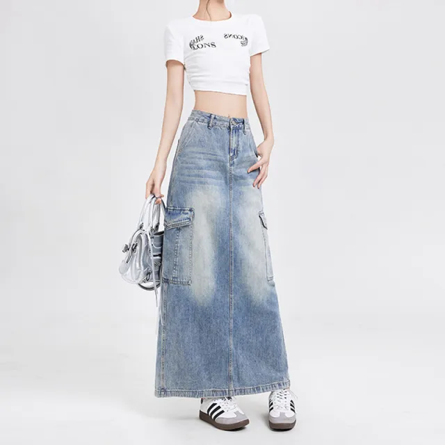 Women's A Line Denim Skirt Fashion Wash Long Skirt Retro Blue - Shop at LoveMi