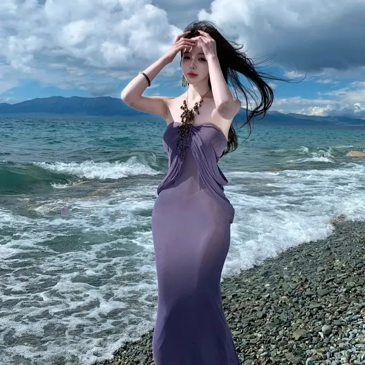 Luxury Purple Chiffon Backless Intricately Designed Irregular Dress - Purple
