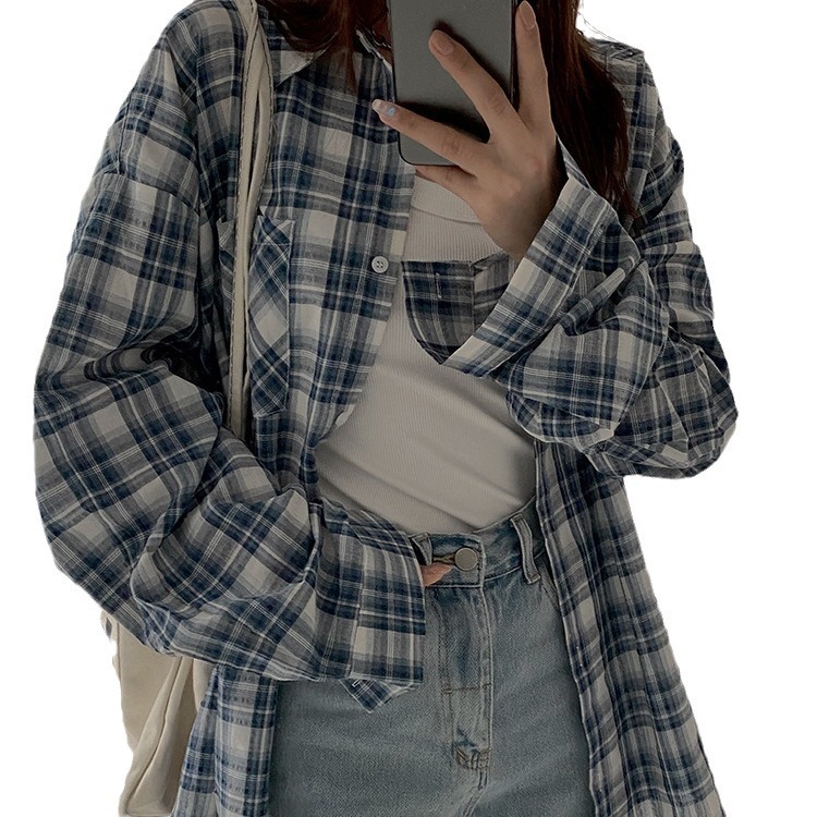 Women's Fashionable All-match Blue And White Plaid Long-sleeved Sunscreen Shirt