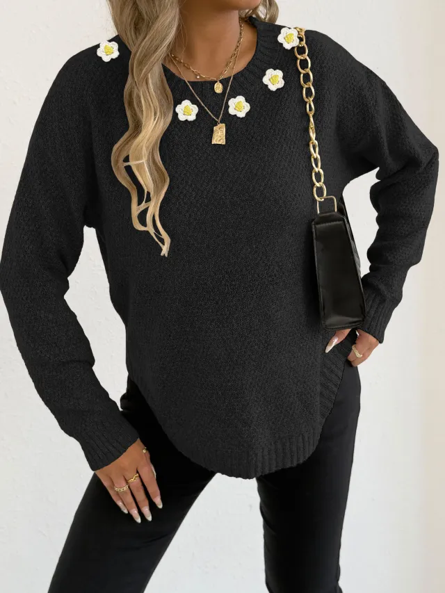 Women's Crochet Patchwork Round Neck Comfort And Casual Sweater Black - Shop at LoveMi