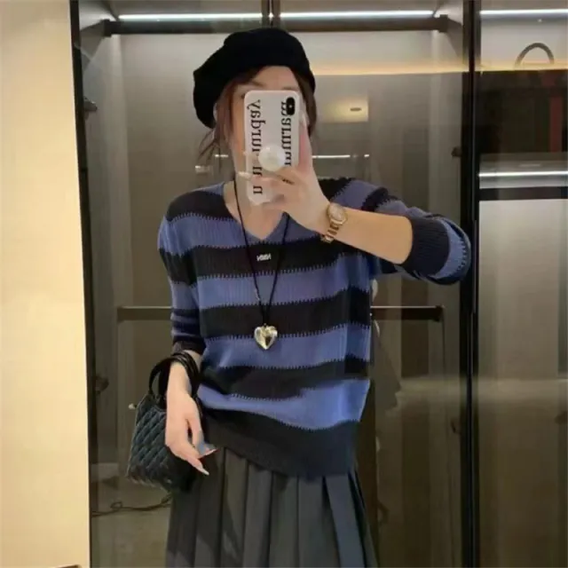 V neck Needle Autumn New Striped Color Matching Long Sleeve Sweater Inner Bottoming Shirt Women Blue - Shop at LoveMi
