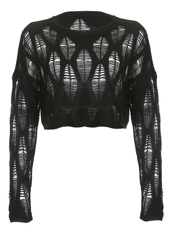 Women's See through Ripped Pullover Sweater Black - Shop at LoveMi