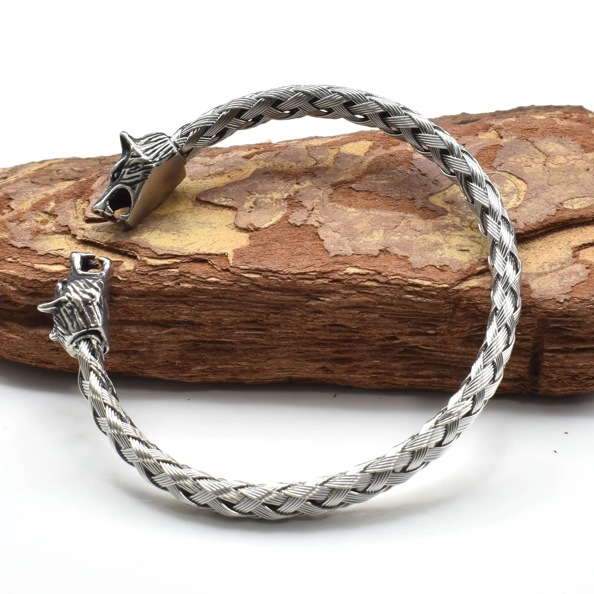 Stainless Steel Viking Wolf Head Opening Braided Bracelet