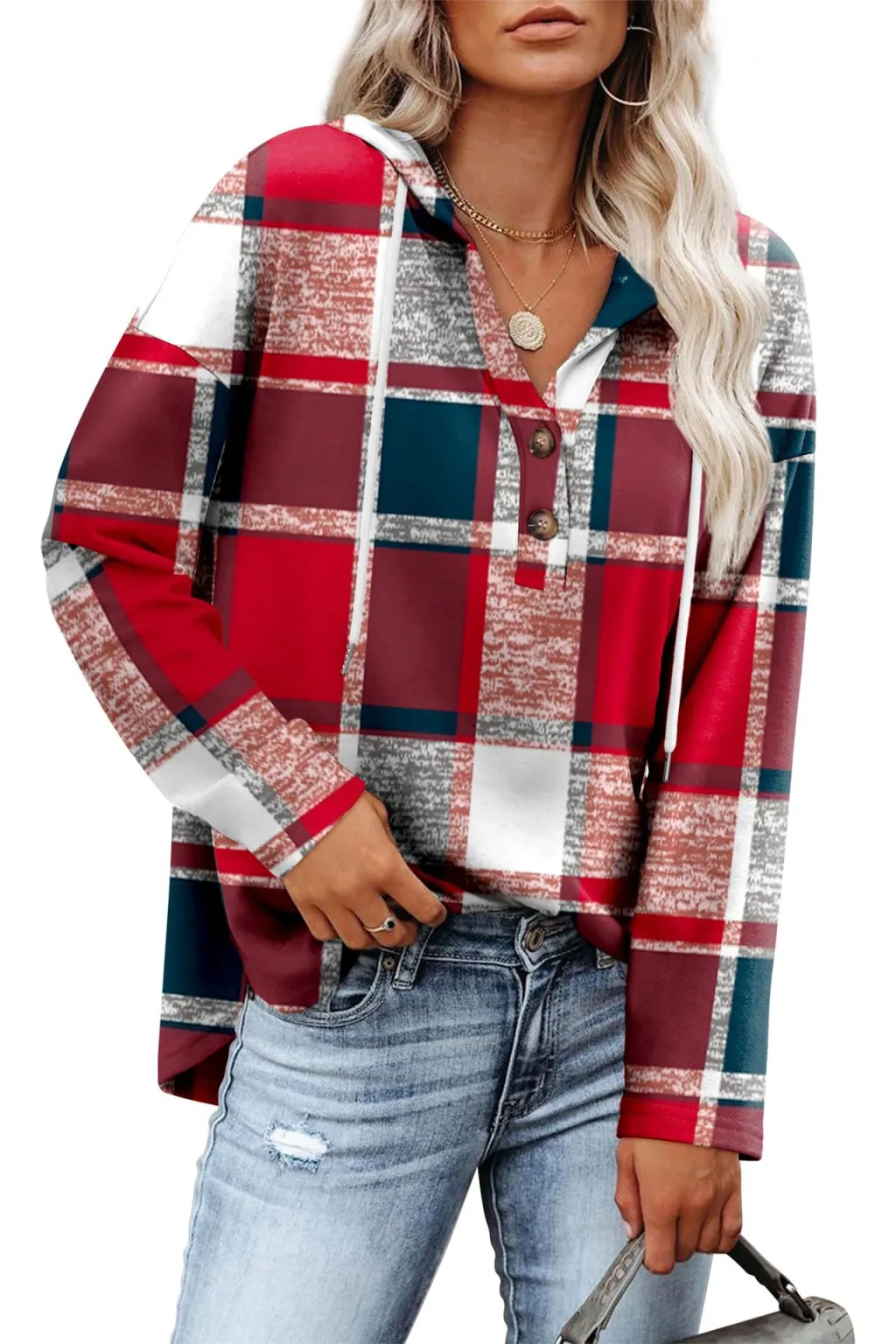 Women's Top V-neck Buttons Long-sleeved Sweater Shirt - Red Plaid