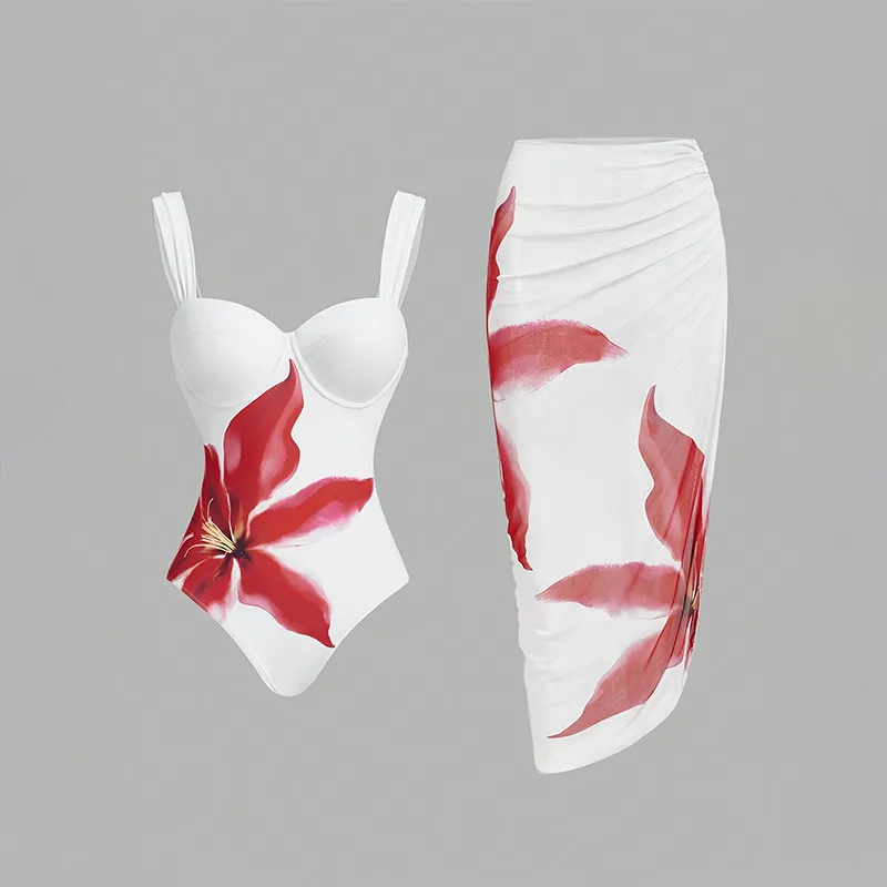 Sexy Print Sling Sheath Bikini Suit - Red
