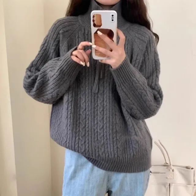 Lapel Half Zipper Cable knit Pullover Sweater For Women Gray - Shop at LoveMi