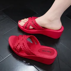 Women's Fashion Wedge High Heel Slippers - Red - View 1