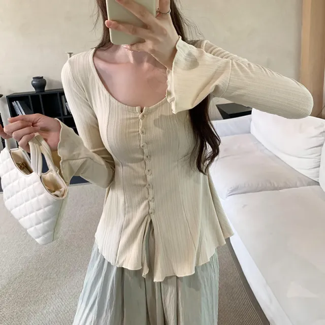 Retro Trumpet Sleeve Cardigan Top Women Apricot - Shop at LoveMi