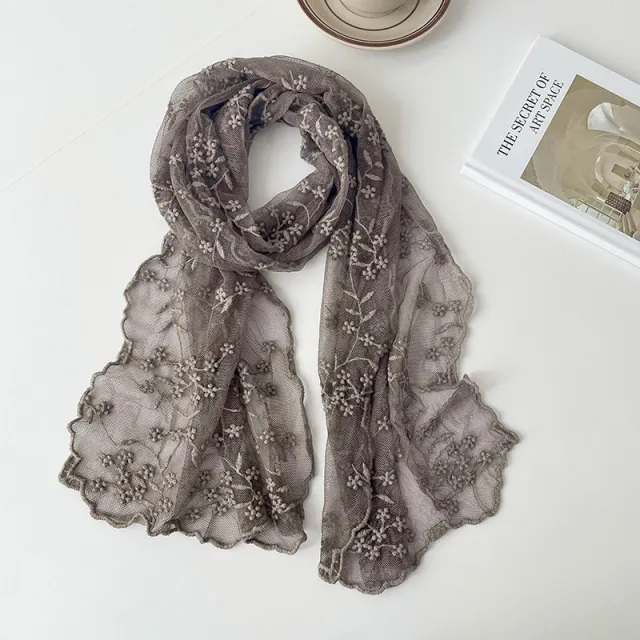 Lace Embroidered Small Floral Long Silk Scarf For Women Mocha Color - Shop at LoveMi
