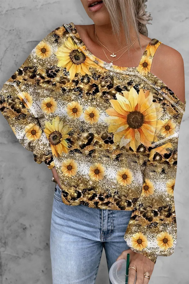 Women's Oblique Shoulder Pullover T shirt SUNFLOWER Printed Casual Loose Top - Shop at LoveMi