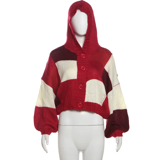 Women's Fashion Hooded Round Neck Cardigan Button Plaid Knitted Coat Red - Shop at LoveMi