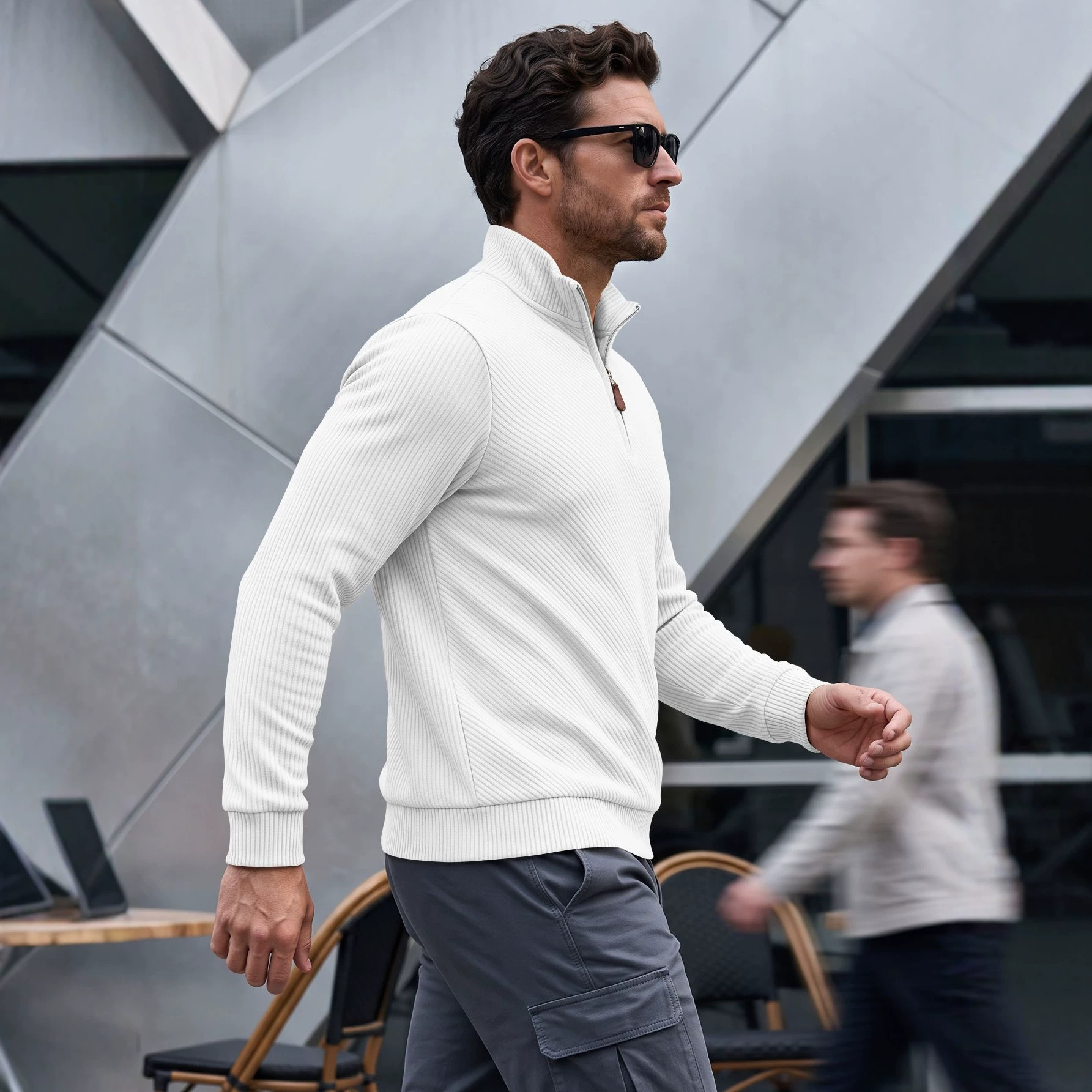 Springautumn Twill-textured Half-zip Stand-up Collar Mânecă lungă