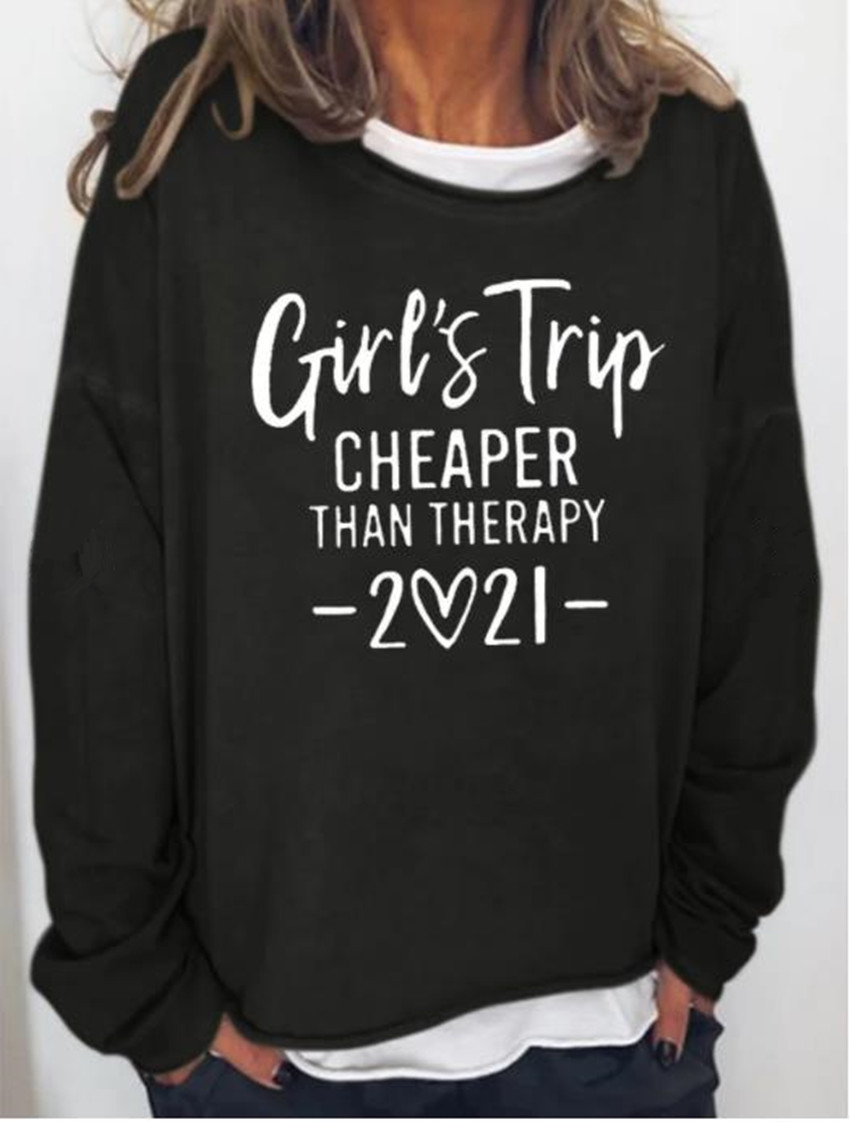 Letter Print Loose Round Neck Long Sleeve Top For Women