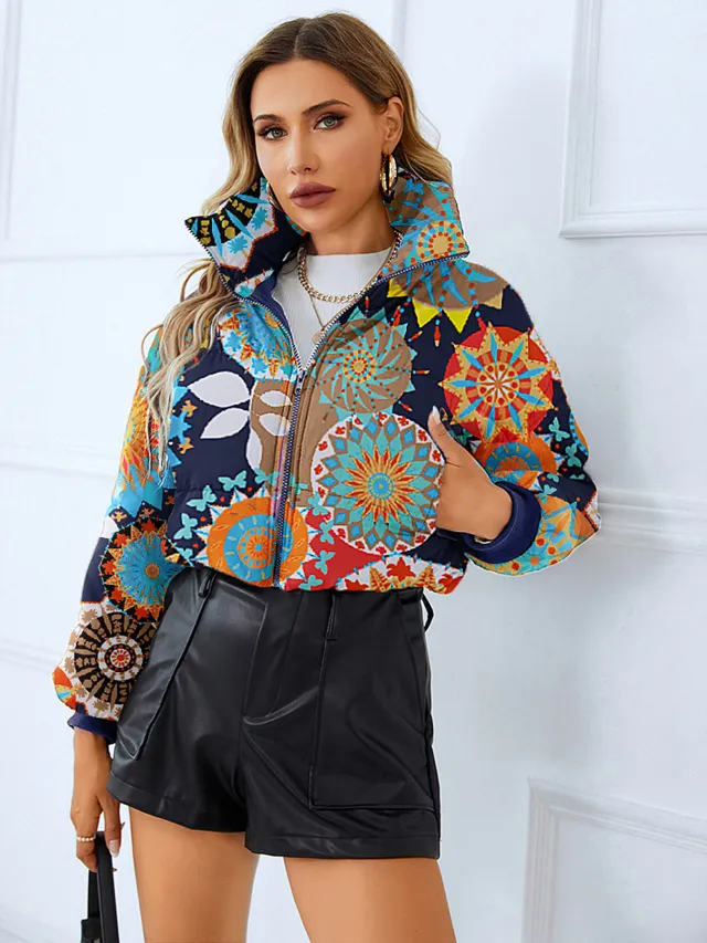 Fashion Bread Coat Women Print Stand Collar Short Coat Winter Jacket Color - Shop at LoveMi