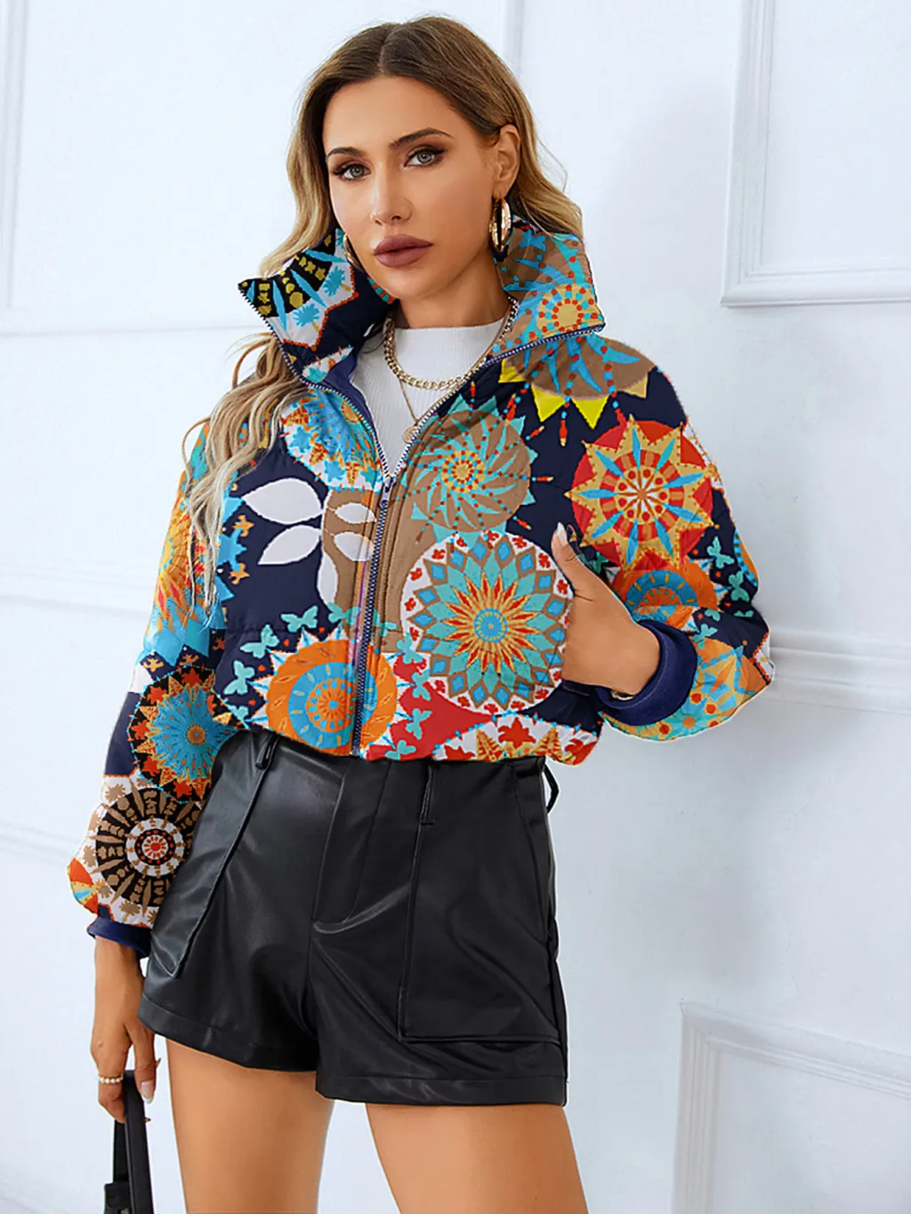 Fashion Bread Coat Women Print Stand Collar Short Coat Winter Jacket - Color
