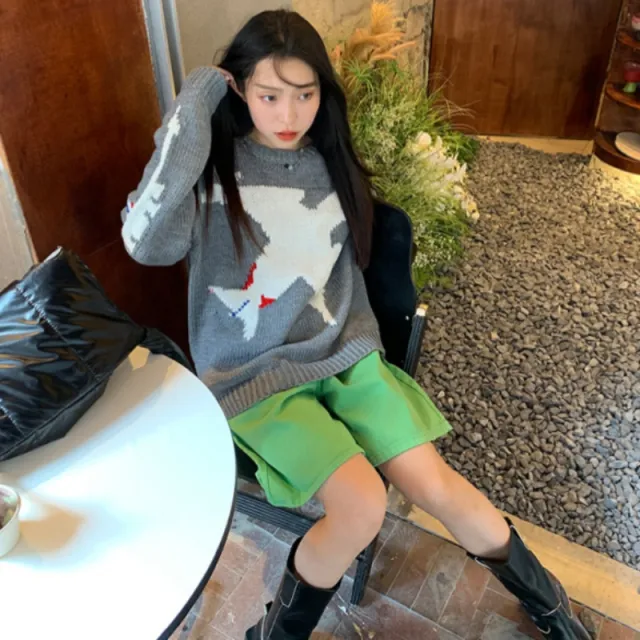 Aircraft Pattern Thickened Sweater Women's Autumn And Winter New Loose Knitted Top Grey - Shop at LoveMi