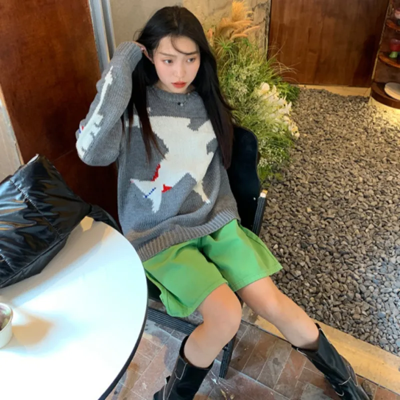 Aircraft Pattern Thickened Sweater Women's Autumn And Winter New Loose Knitted Top - Grey
