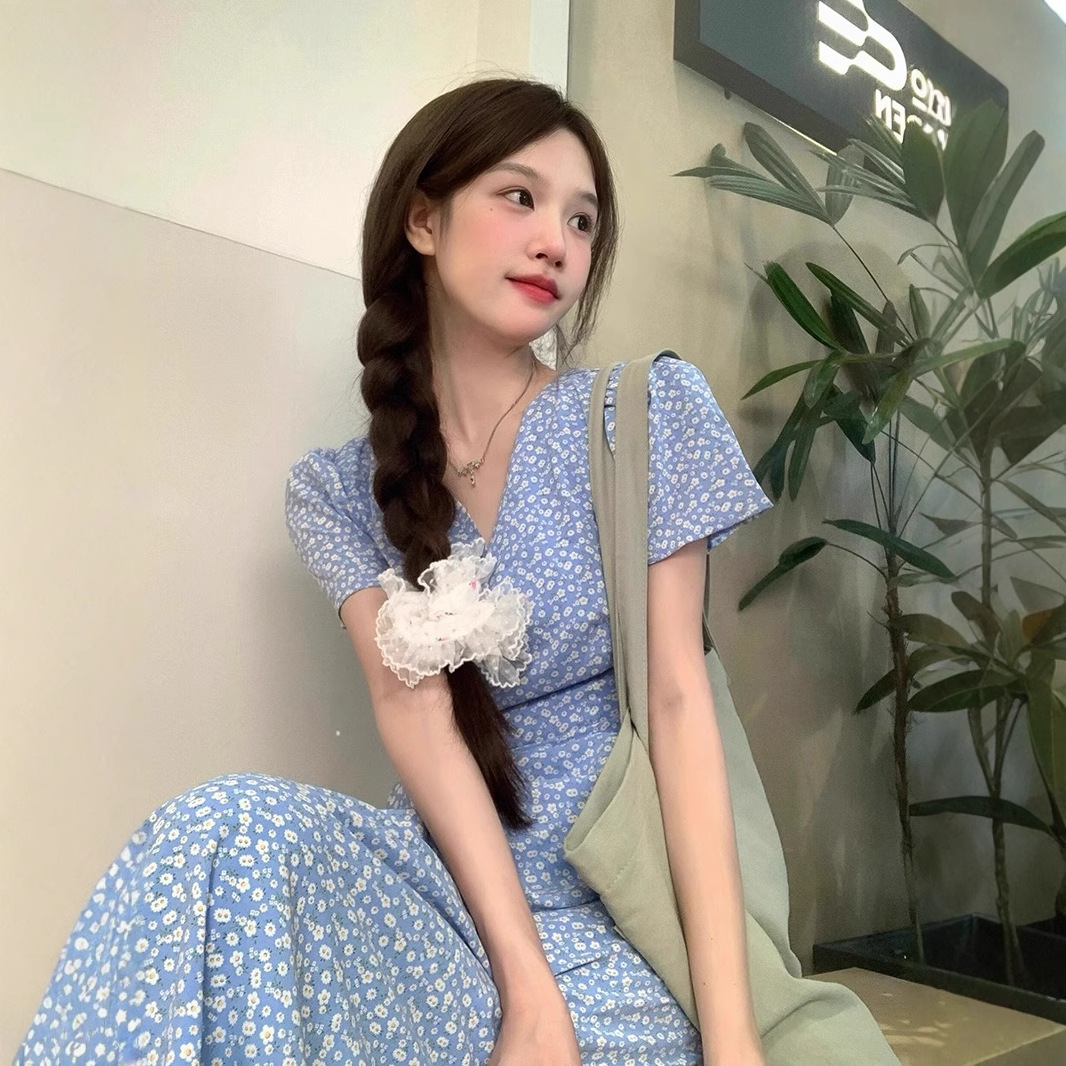 Women's Blue Floral V-Neck Casual Dress