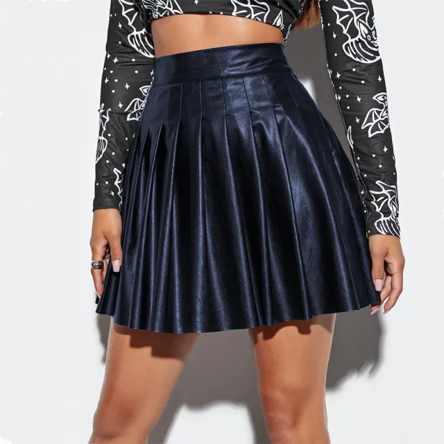 Popular PU Pleated Skirt Summer Short Skirt Elegant High Waist Leather Skirt European And American Style Cross border Navy Blue - Shop at LoveMi