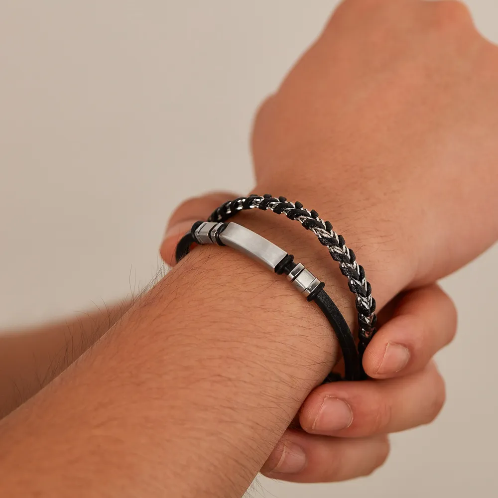 Stainless Steel Glossy Double-layer Woven Leather Bracelet