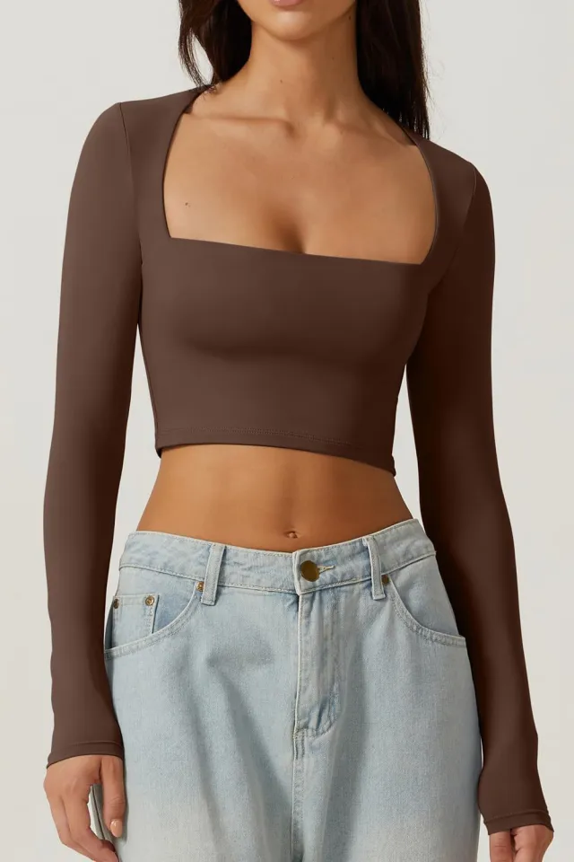 Slimming Base Top With A Square Neckline And A Cropped Design Brown - Shop at LoveMi
