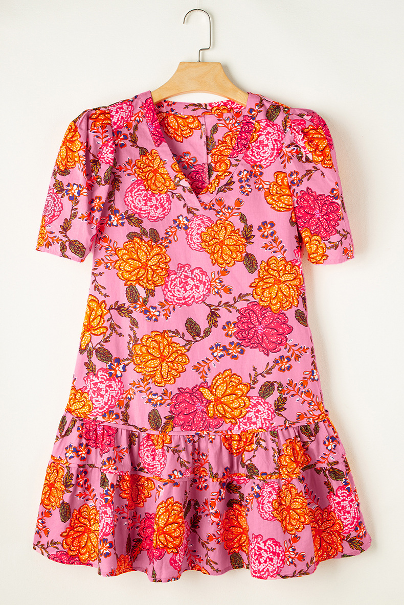 Women's Fashion Flower Printed V-neck Pleating Dress