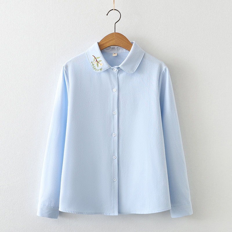Collar Embroidered Leaves Solid Color Cotton Long sleeved Shirt For Women French Shirt Blue - Shop at LoveMi