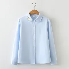 Collar Embroidered Leaves Solid Color Cotton Long-sleeved Shirt For Women French Shirt - Blue - View 1