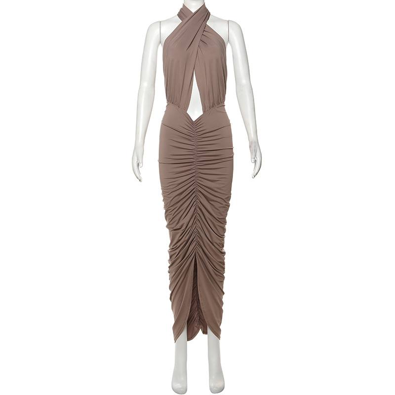 Sleeveless Halter Pleated Navel Dress