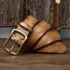 38CM Leather Belt Men's Genuine Leather Pure Retro - Khaki - View 1