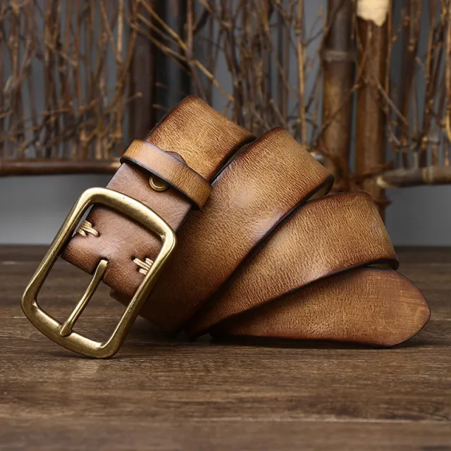 38CM Leather Belt Men's Genuine Leather Pure Retro Khaki - Shop at LoveMi