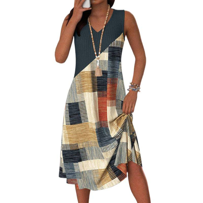 Womens Casual Versatile V-Neck Sleeveless Colorblock Dress