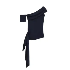 Pure Desire Ribbon Off-shoulder Tube Women's Elastic Slim-fit Asymmetric Top - Navy - View 1