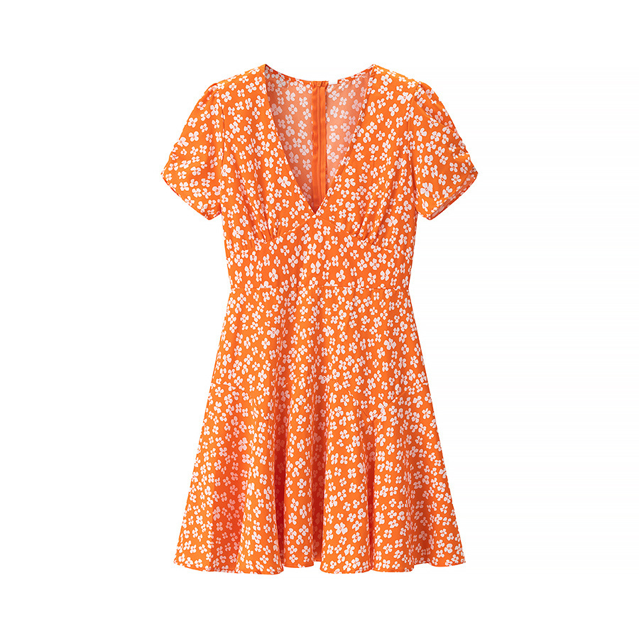 Women's Deep V neck Printed Dress Short Sleeve Slim Fit High Waist Red - Shop at LoveMi