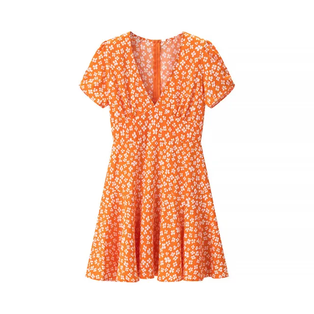 Women's Deep V neck Printed Dress Short Sleeve Slim Fit High Waist Orange Red - Shop at LoveMi