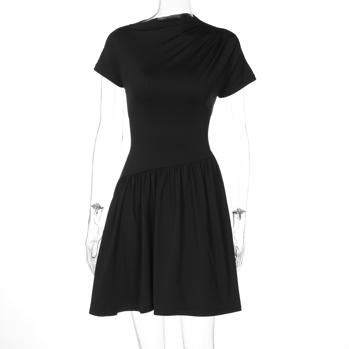 Lace up Pleated Solid color Short sleeve Dress Black - Shop at LoveMi