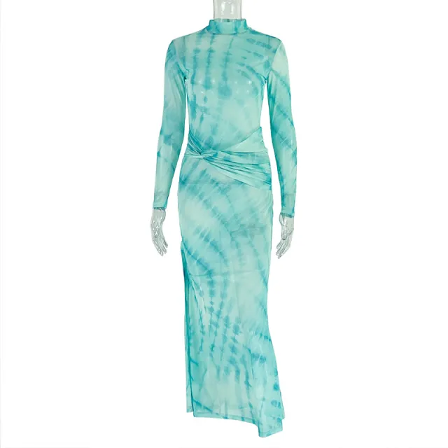 High neck Fashionable Long sleeved Elegant Maxi Dress Green - Shop at LoveMi