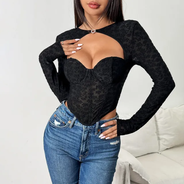 Long Sleeve Black Flocking Low Cut Fishbone Diamond Waist Tunic Top Black - Shop at LoveMi