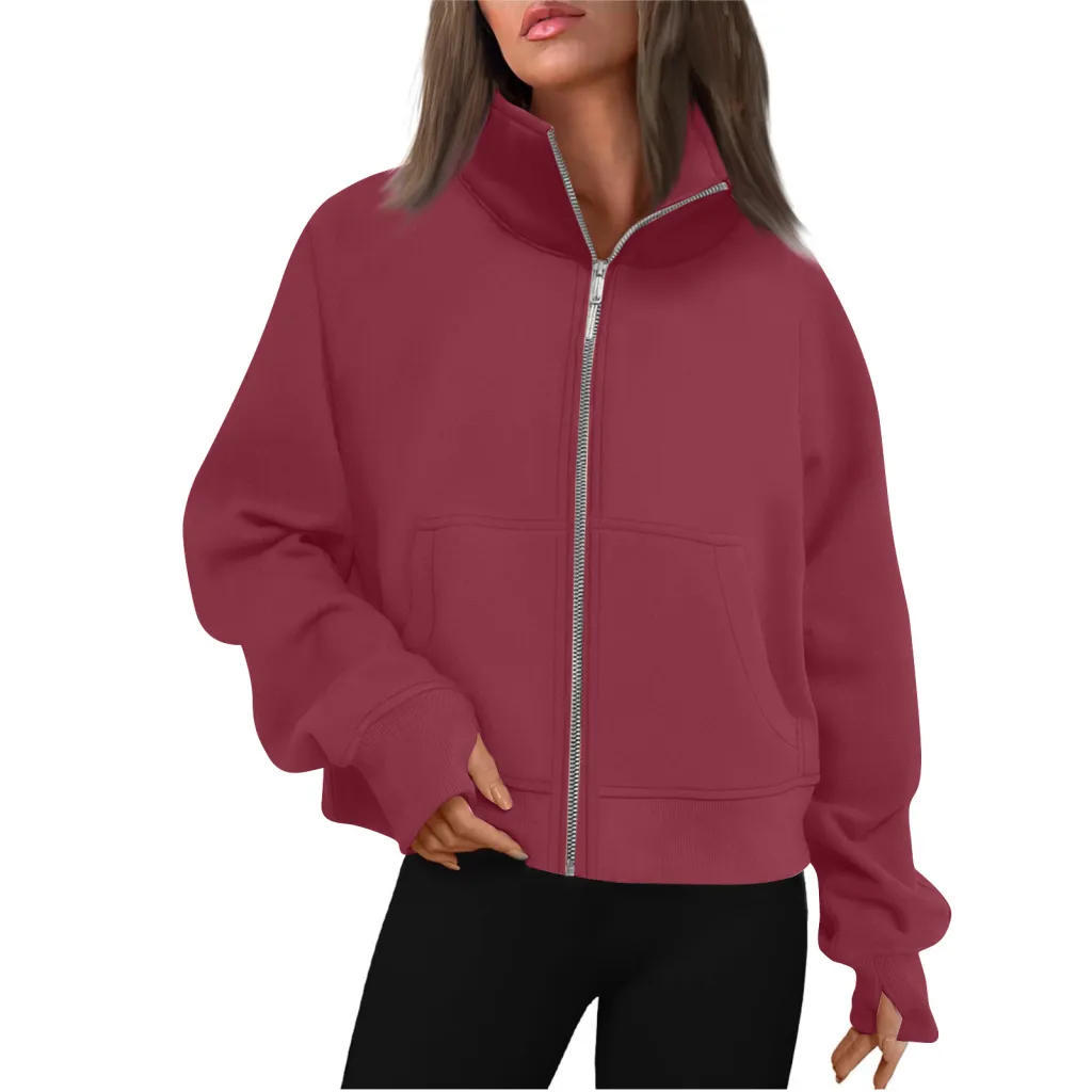 Long Zipper Short Stand Collar Thumb Hole Brushed Hoody - Wine Red