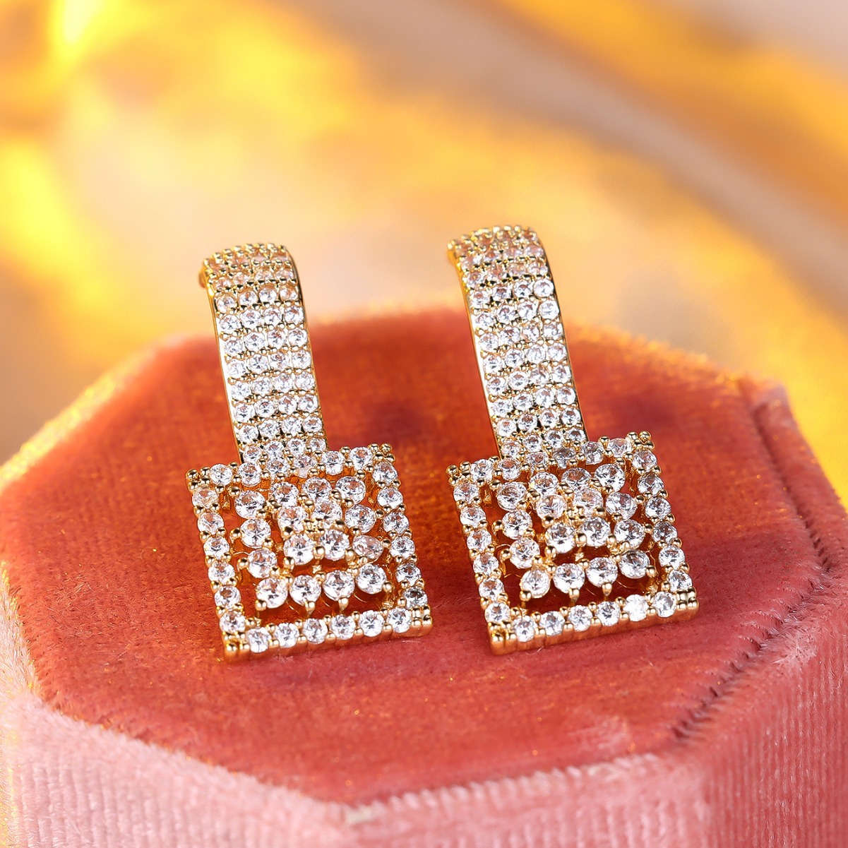 Champagne Gold Round White Diamond Square Earrings