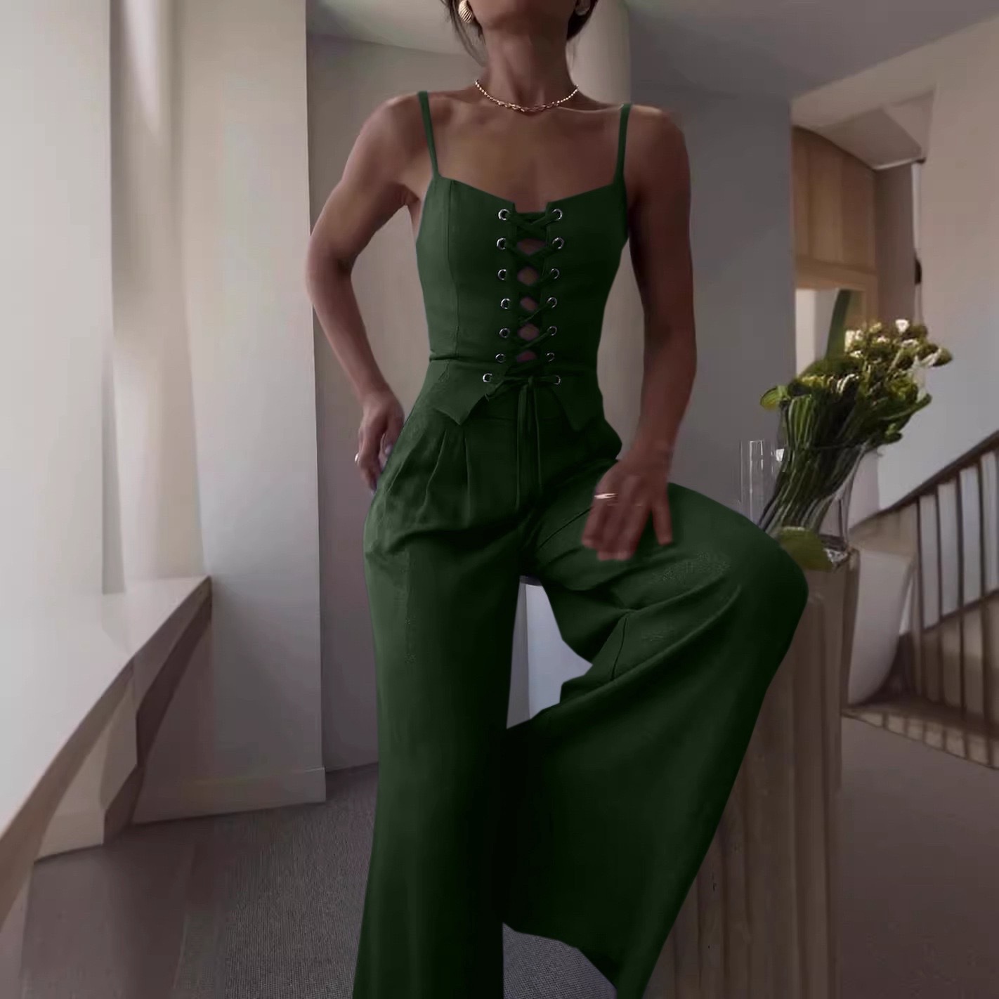 Pure Desire Sexy Cutout Lace-up Casual Wide-leg Pants Set