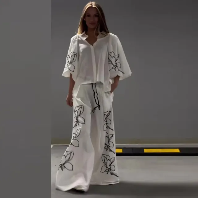 Women's Casual Style Loose Top Printed Trousers Two piece Set White - Shop at LoveMi