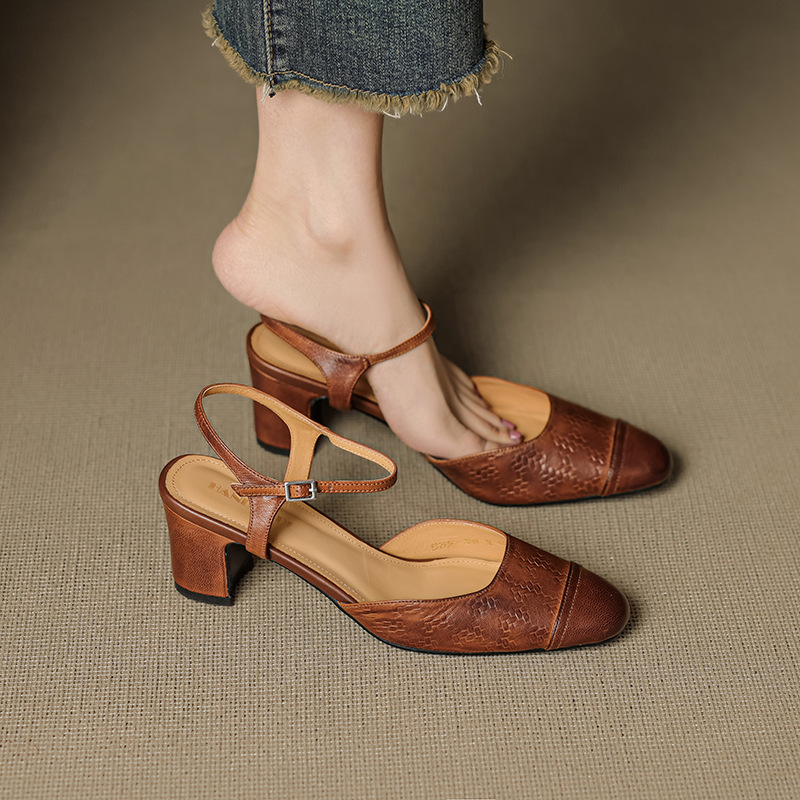 New Summer Genuine Leather Peep-toe Sling-back Heels With Chunky Heels